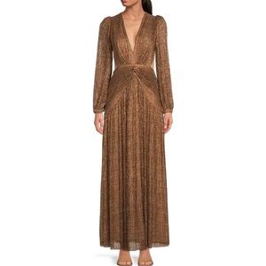 Hazel Metallic Chiffon V-Neck Long Sleeve Cut Out Dress